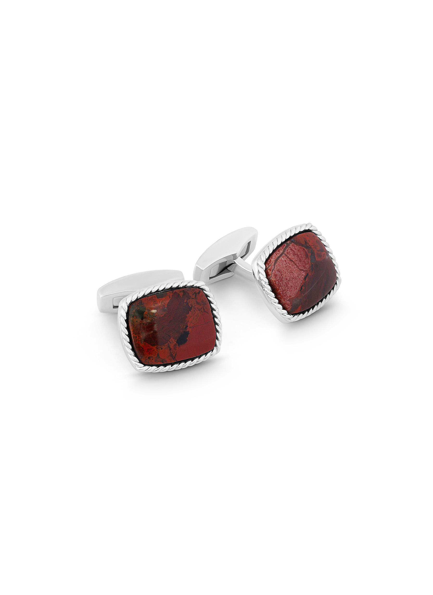 RHODIUM PLATED STERLING SILVER CASE CABLE DETAILING JASPER STONE RECTANGLE CUFFLINKS