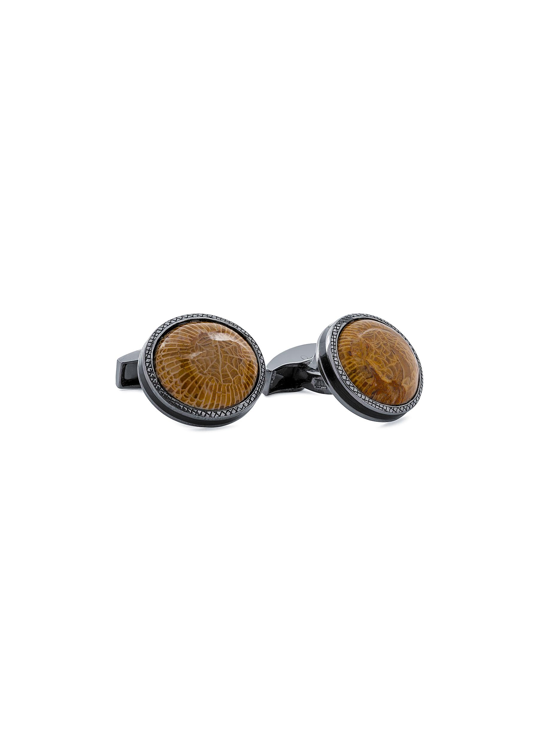LIMITED EDITION DEVONIAN HORN CORAL STONE RHODIUM PLATED STERLING SILVER BASE CUFFLINKS