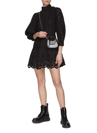Figure View - Click To Enlarge - ALICE + OLIVIA - ‘CLARK’ BRODERIE ANGLAISE MANDARIN COLLAR CUTOUT DETAIL MINI DRESS