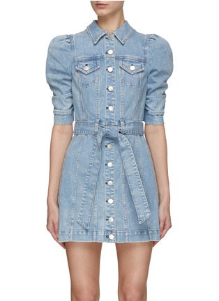 Main View - Click To Enlarge - ALICE & OLIVIA - ‘MAGALI’ RUCHED PUFF SLEEVE BELTED DENIM MINI DRESS