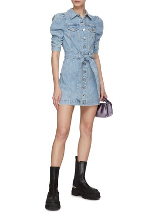 Figure View - Click To Enlarge - ALICE & OLIVIA - ‘MAGALI’ RUCHED PUFF SLEEVE BELTED DENIM MINI DRESS