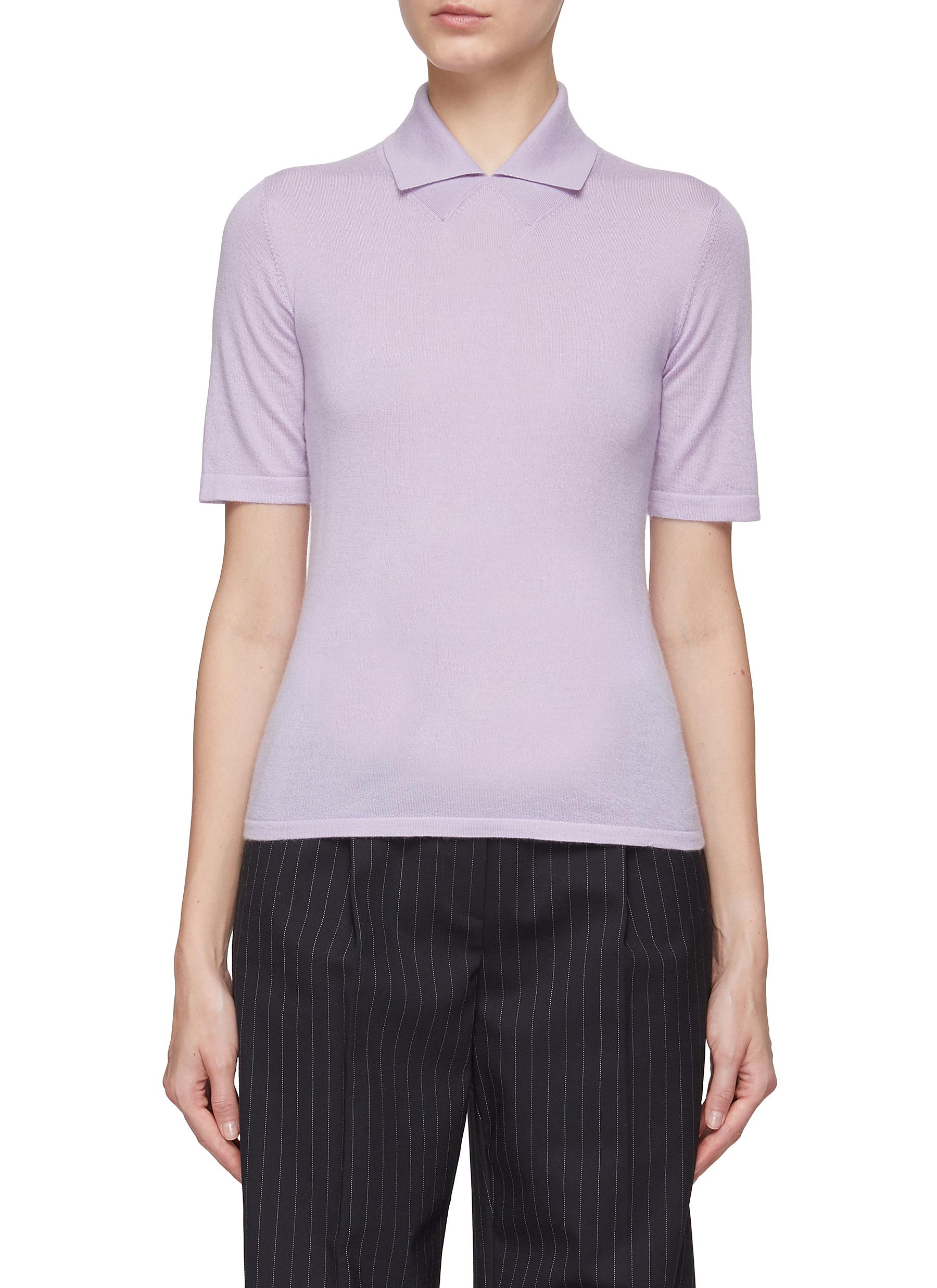 Dreyden Cashmere Knit Collared Short Sleeve Sweater In Purple