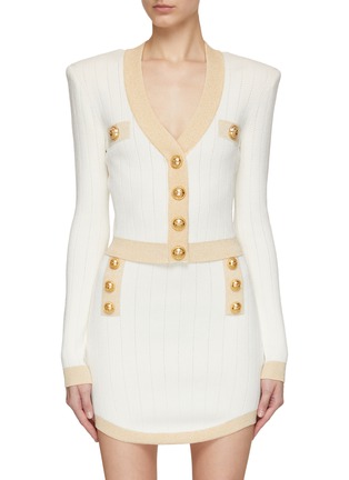 Main View - Click To Enlarge - BALMAIN - Gold Toned Button Padded Shoulder V-Neck Cardigan