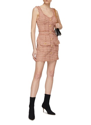 Figure View - Click To Enlarge - BALMAIN - Gold Toned Button Tweed Short Dress