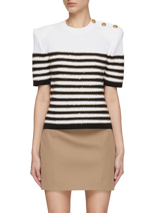 Main View - Click To Enlarge - BALMAIN - 3 Button Padded Shoulder Sequined Stripe Knit Top