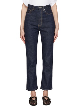 Main View - Click To Enlarge - ALAÏA - Dark Washed High Rise Straight Leg Cropped Jeans