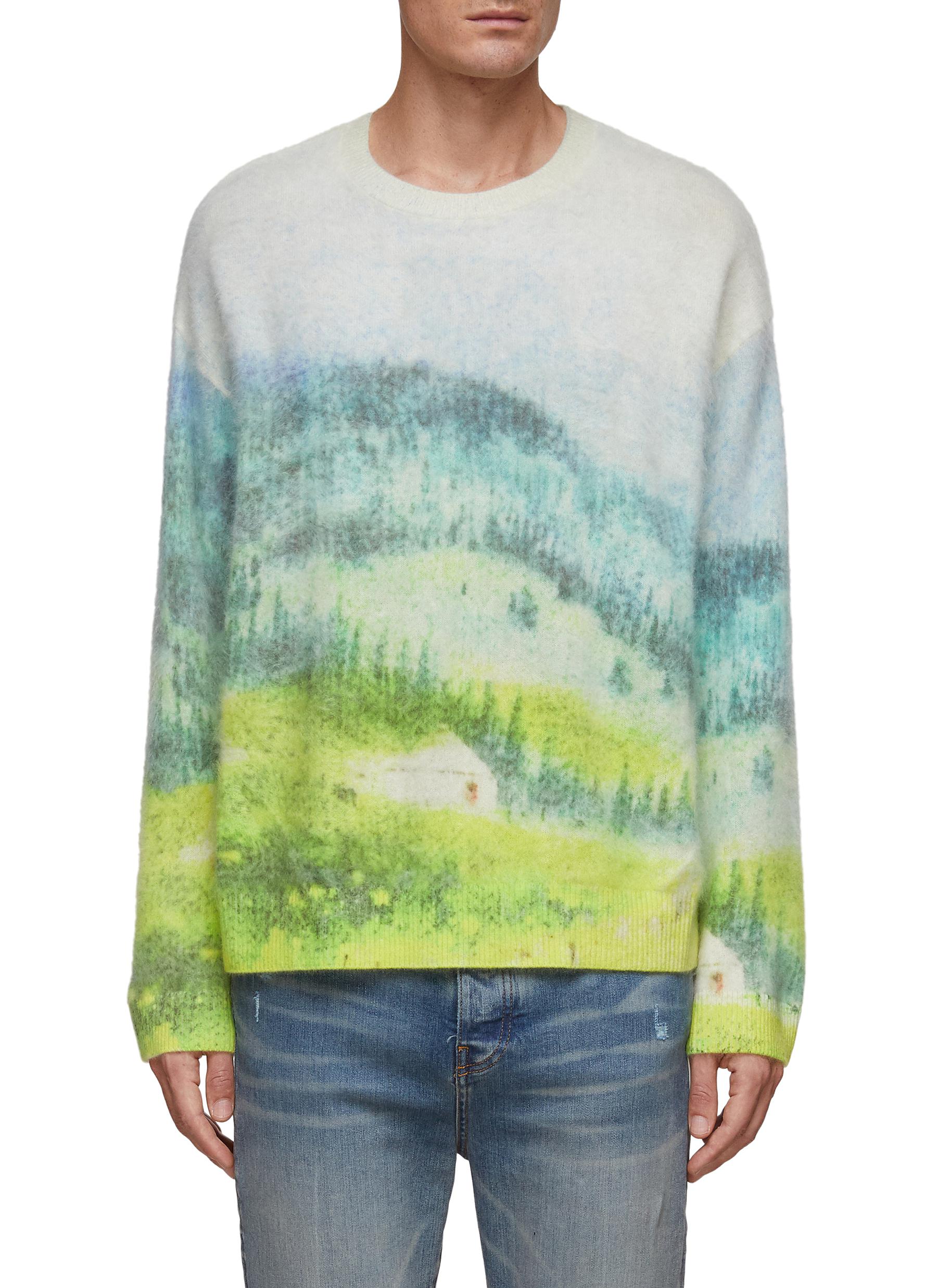 Angel Chen Landscape Print Brushed Cashmere Crewneck Sweater In Green
