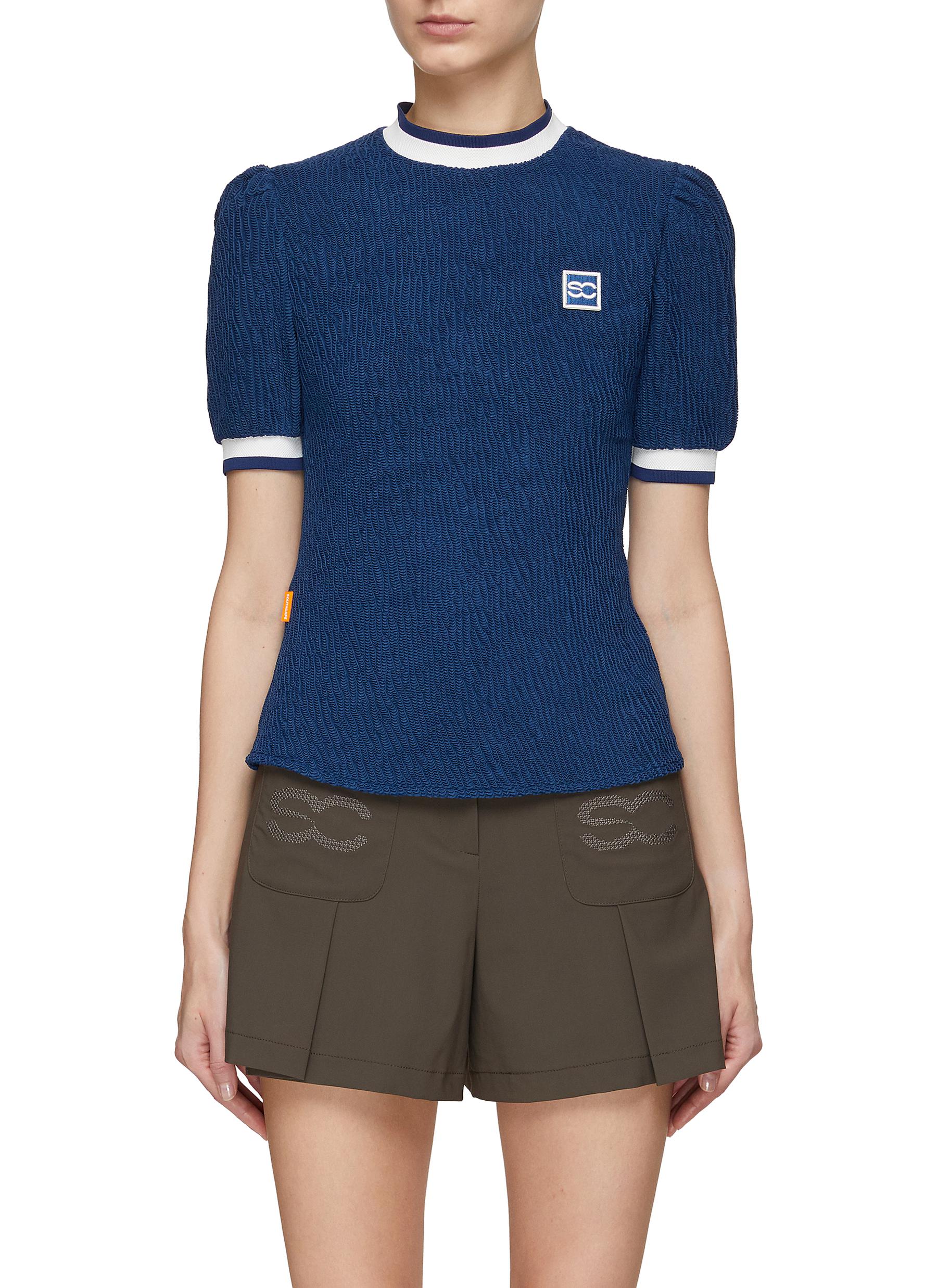 Southcape Textured Puff Sleeve Mock Neck T-shirt In Blue