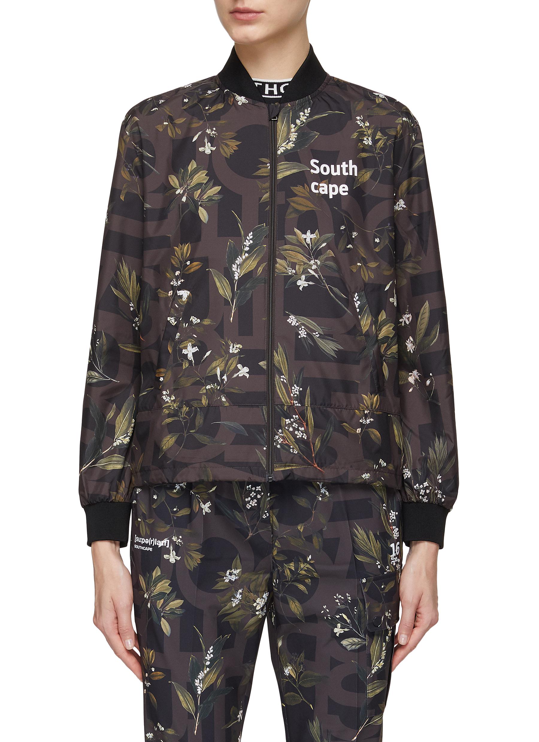 Southcape Monogram Floral Print Zip Up Jacket In Brown