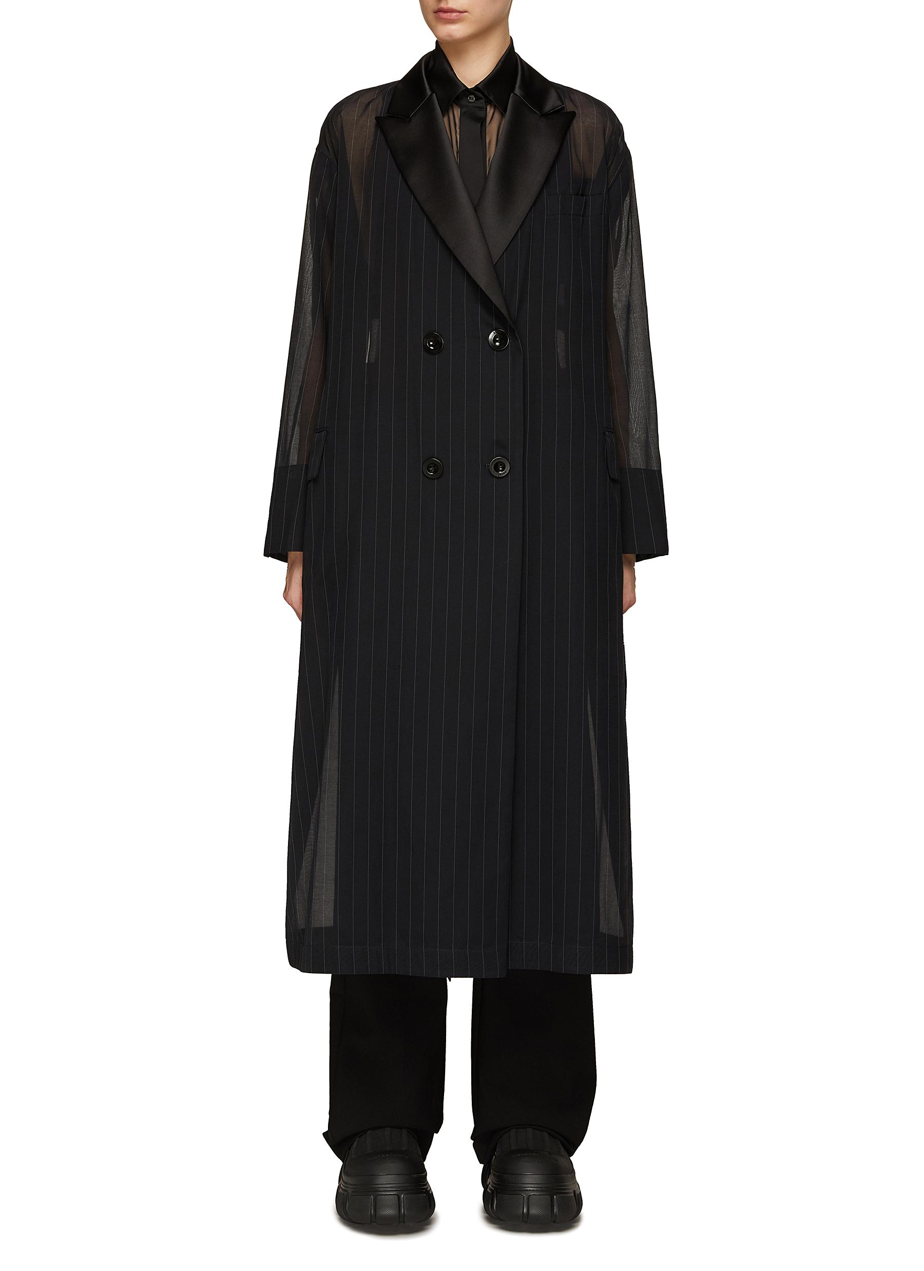 Sacai Long Stripe Pleated Suiting Coat In Blue