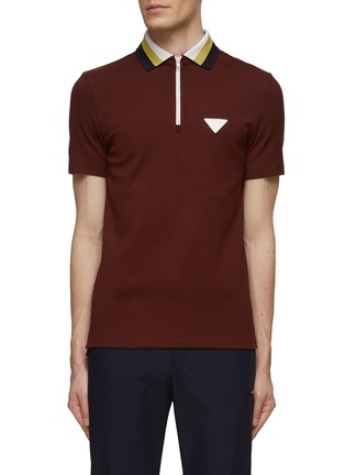 Main View - Click To Enlarge - SOUTHCAPE - SHORT SLEEVE COLOR MATCHING COLLAR HALF ZIP VEGAN LEATHER LOGO POLO