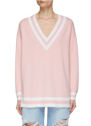 Main View - Click To Enlarge - ALICE + OLIVIA - ‘Clement’ Stripe Trimmed Wool Blend Knit V-Neck Sweater