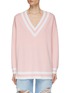 ALICE + OLIVIA - ‘Clement’ Stripe Trimmed Wool Blend Knit V-Neck Sweater
