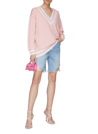 Figure View - Click To Enlarge - ALICE + OLIVIA - ‘Clement’ Stripe Trimmed Wool Blend Knit V-Neck Sweater