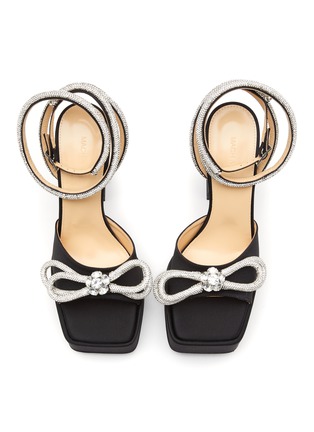 Detail View - Click To Enlarge - MACH & MACH - 140 Crystal Embellished Double Bow Square Toe Satin Platform Heeled Sandals