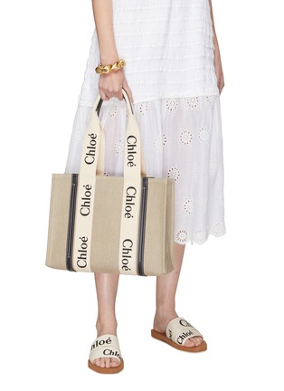 Figure View - Click To Enlarge - CHLOÉ - MEDIUM ‘WOODY’ ECO LINEN CANVAS TOTE BAG