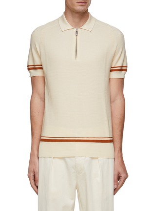 Main View - Click To Enlarge - CANALI - Striped Trim Cotton Ribbed Knit Zip Up Polo Shirt