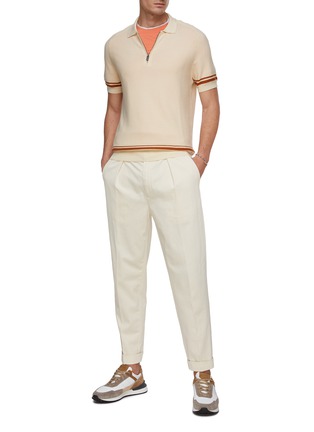 Figure View - Click To Enlarge - CANALI - Striped Trim Cotton Ribbed Knit Zip Up Polo Shirt