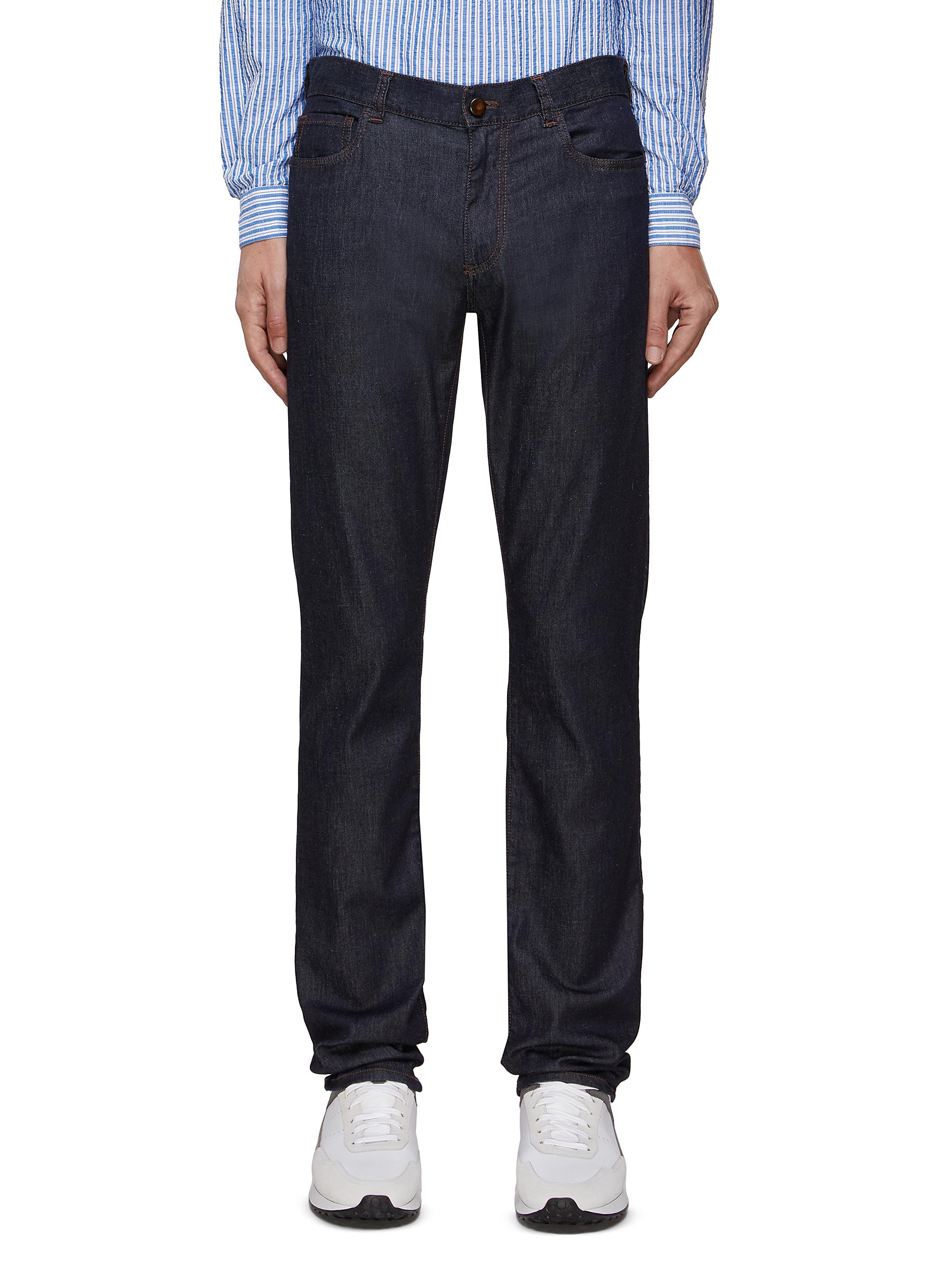 CANALI SUEDE LOGO PATCH WASHED STRAIGHT JEANS