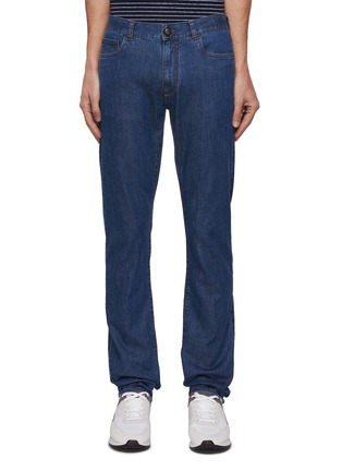 Main View - Click To Enlarge - CANALI - Suede Logo Patch Washed Straight Jeans