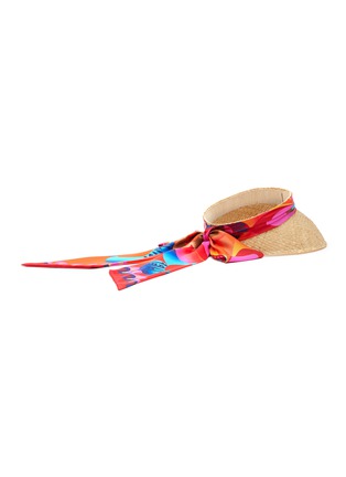 Figure View - Click To Enlarge - MAISON MICHEL - ‘Patty’ Logo Plaque Silk Scarf Belt Raffia Straw Visor Hat