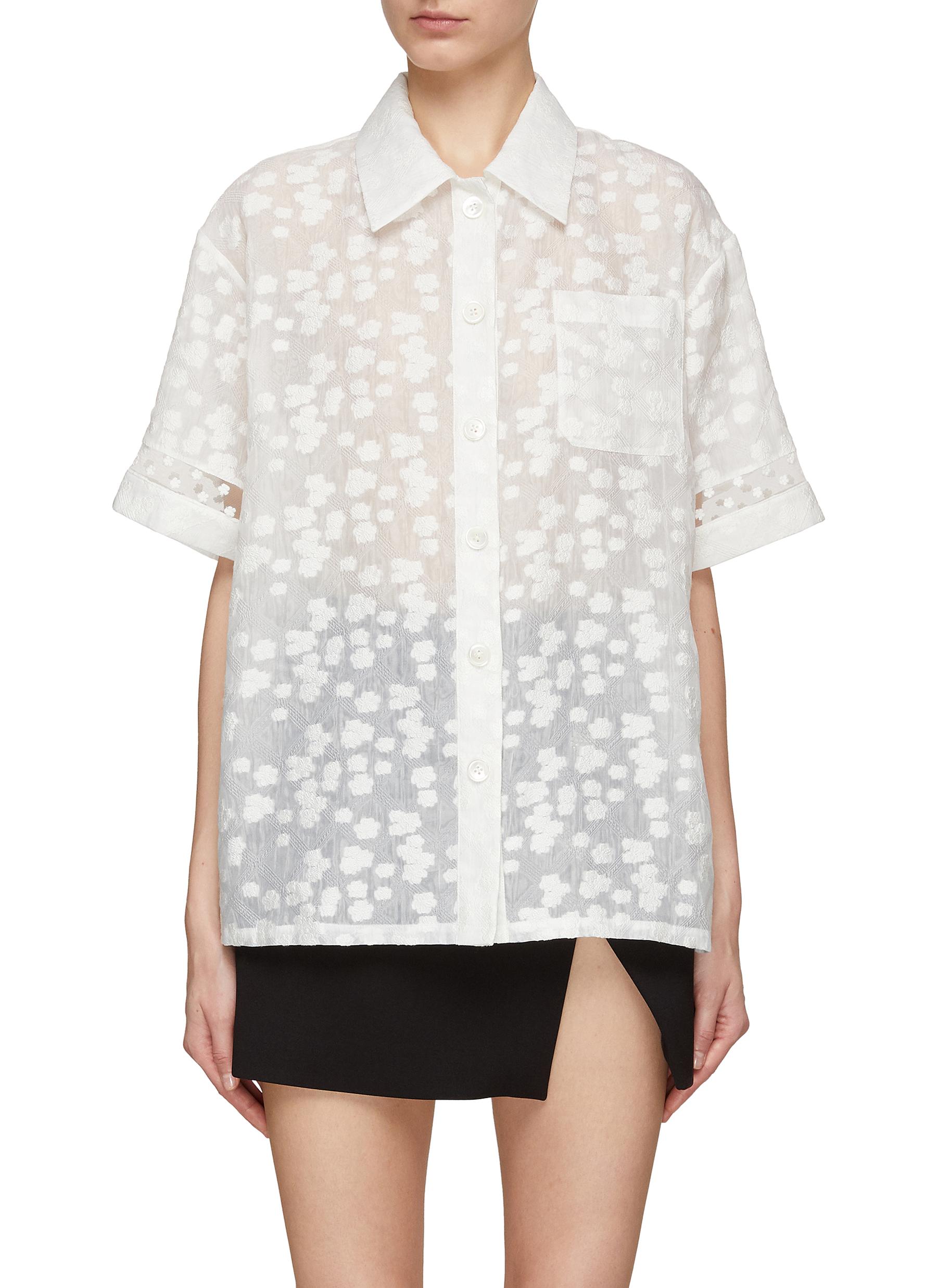 Ming Ma Floral Jacquard Organza Short Sleeve Shirt In White