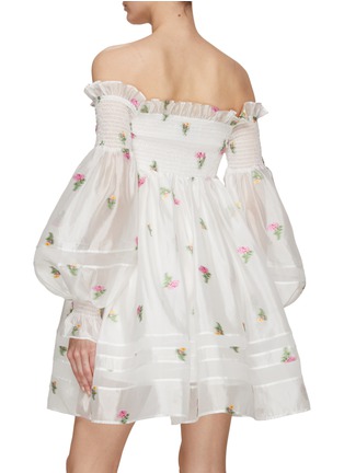 Back View - Click To Enlarge - MING MA - Floral Embroidery Puff Sleeve Smocked Off Shoulder Dress