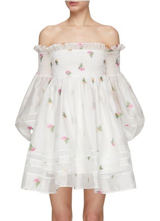 Main View - Click To Enlarge - MING MA - Floral Embroidery Puff Sleeve Smocked Off Shoulder Dress