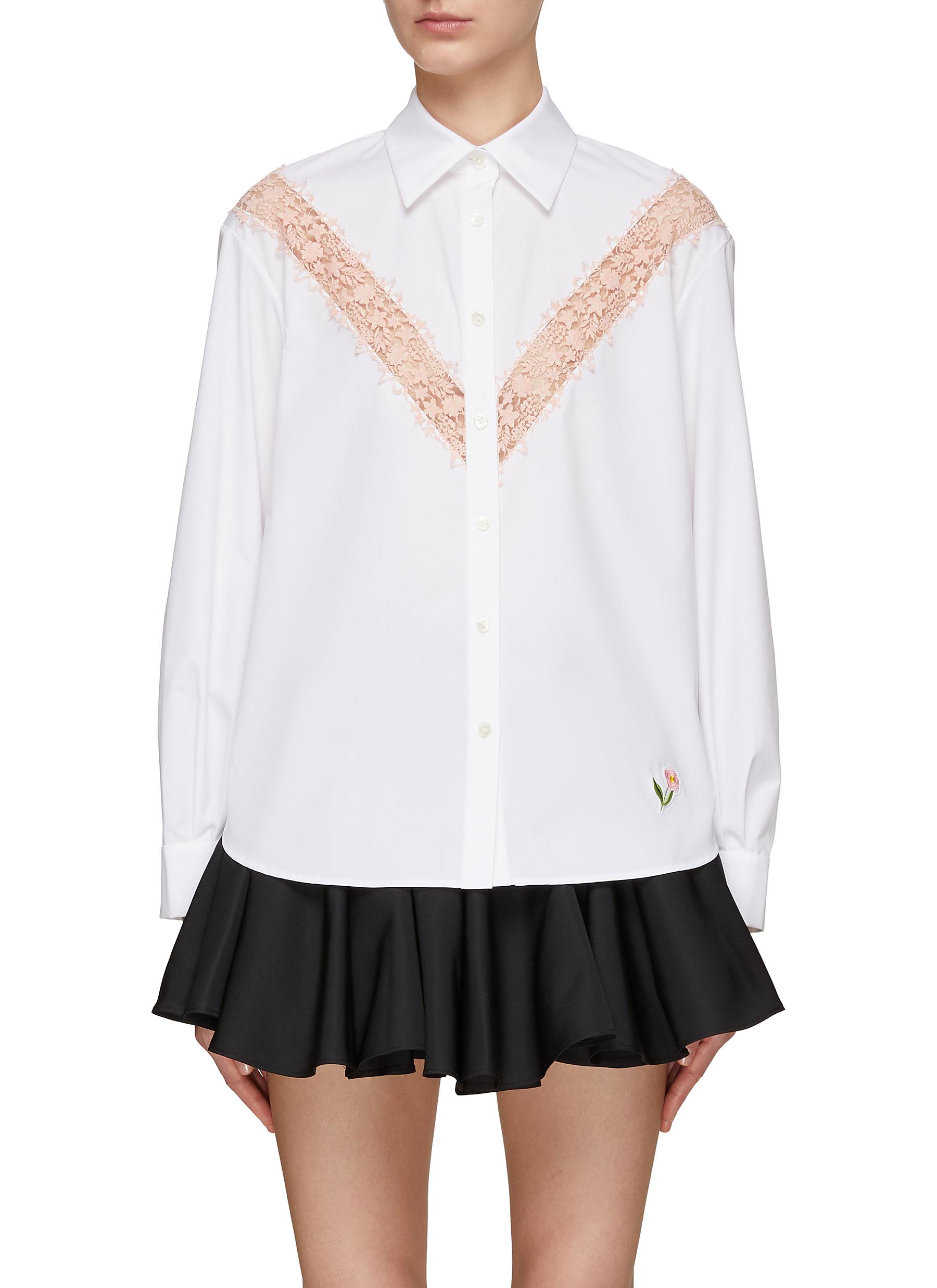 Ming Ma Floral Embroidery Lace Insert Shirt In White