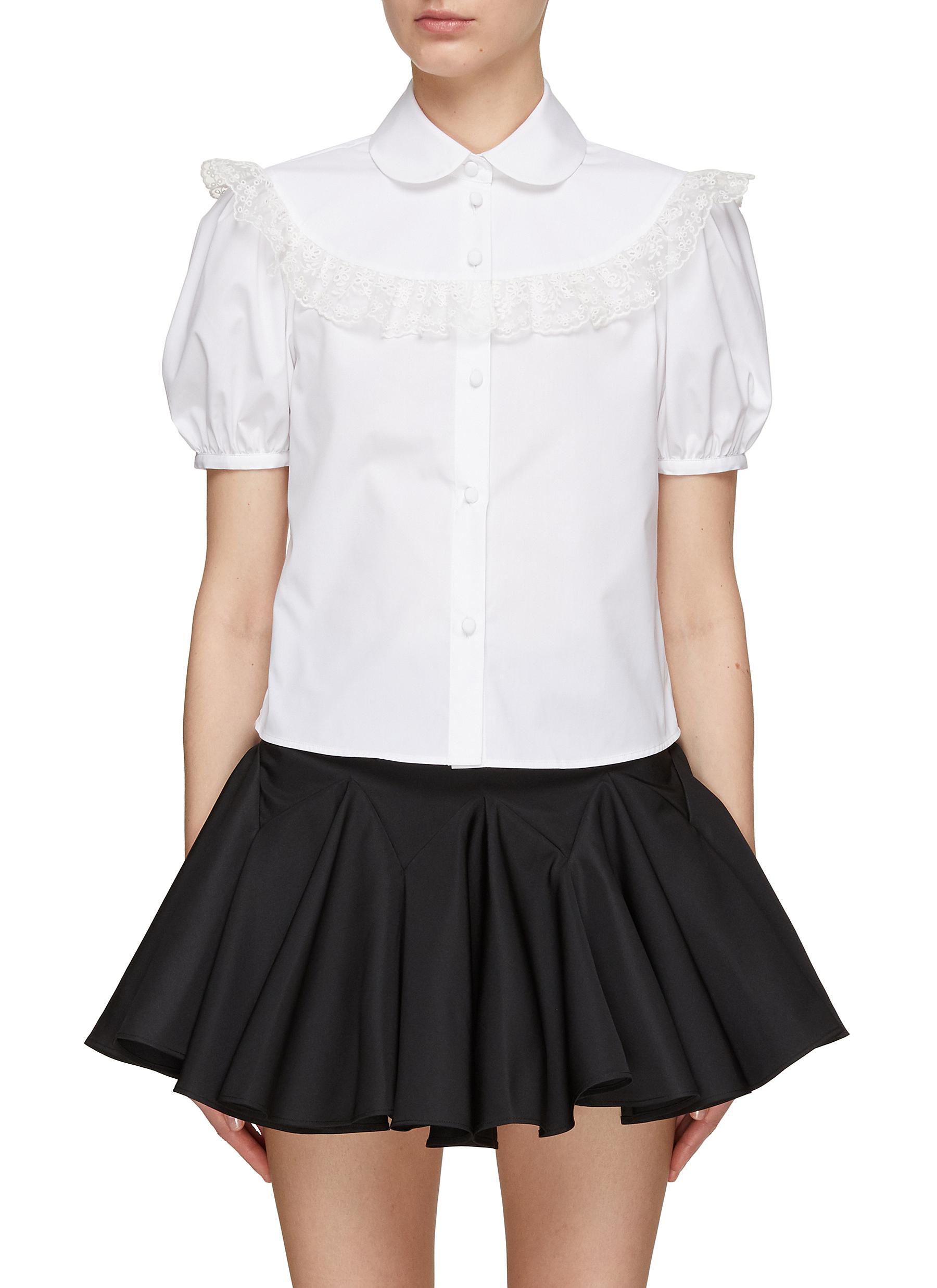Ming Ma Lace Embellished Puff Short Sleeve Shirt In White