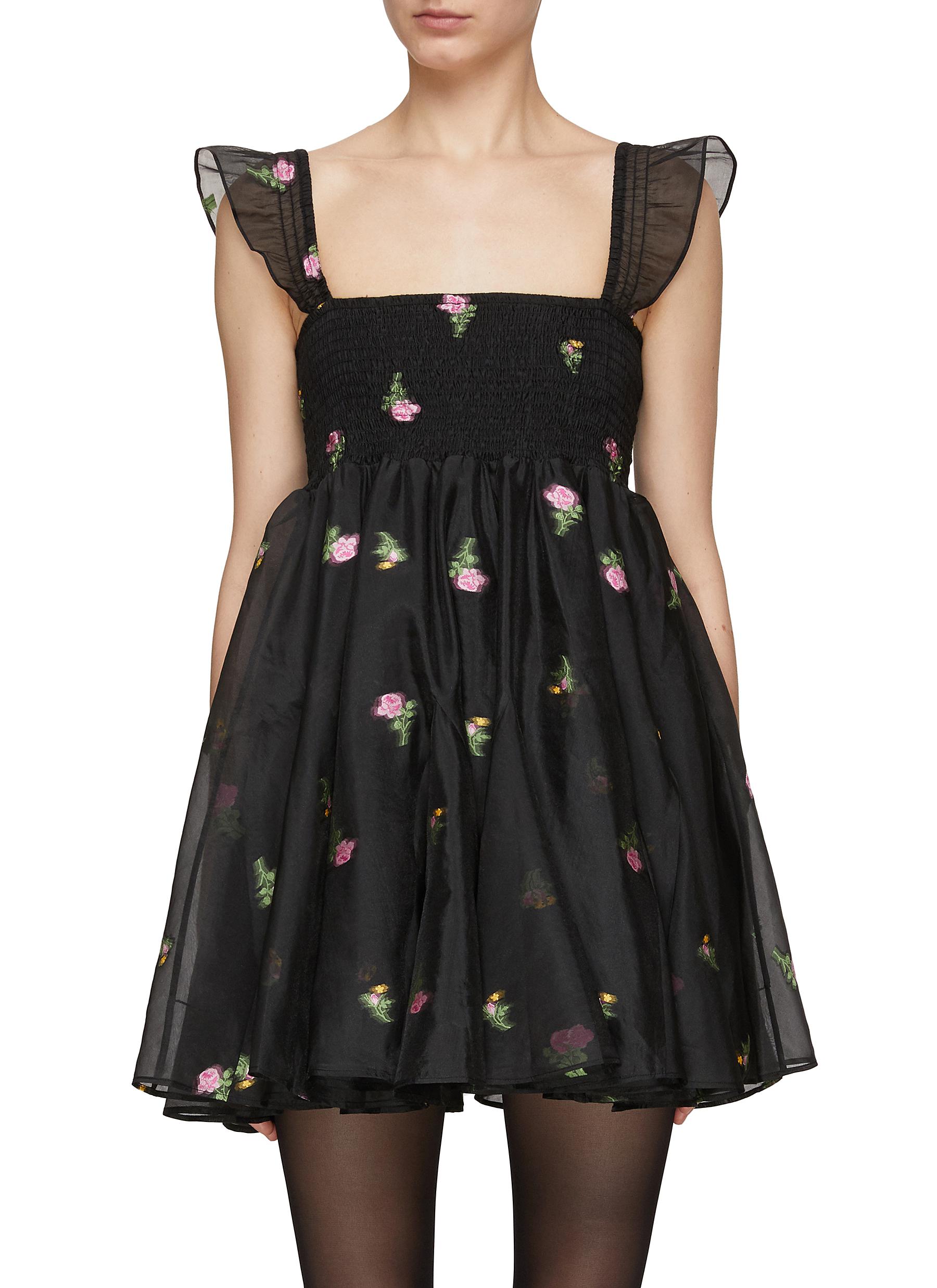 Ming Ma Floral Embroidery Ruffled Cap Sleeve Dress In Black