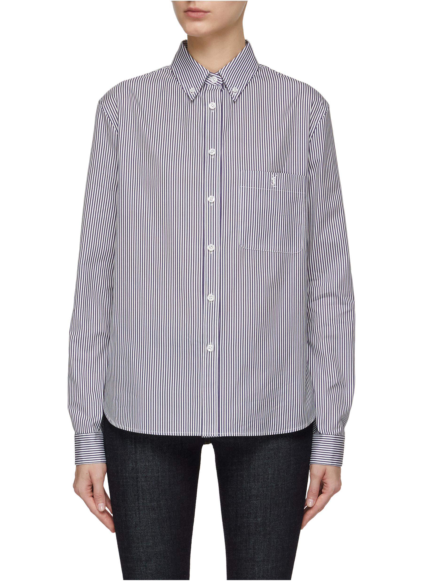 Saint Laurent - Men - Monogram Button-Down Collar Striped Cotton-poplin Shirt Blue - EU 38