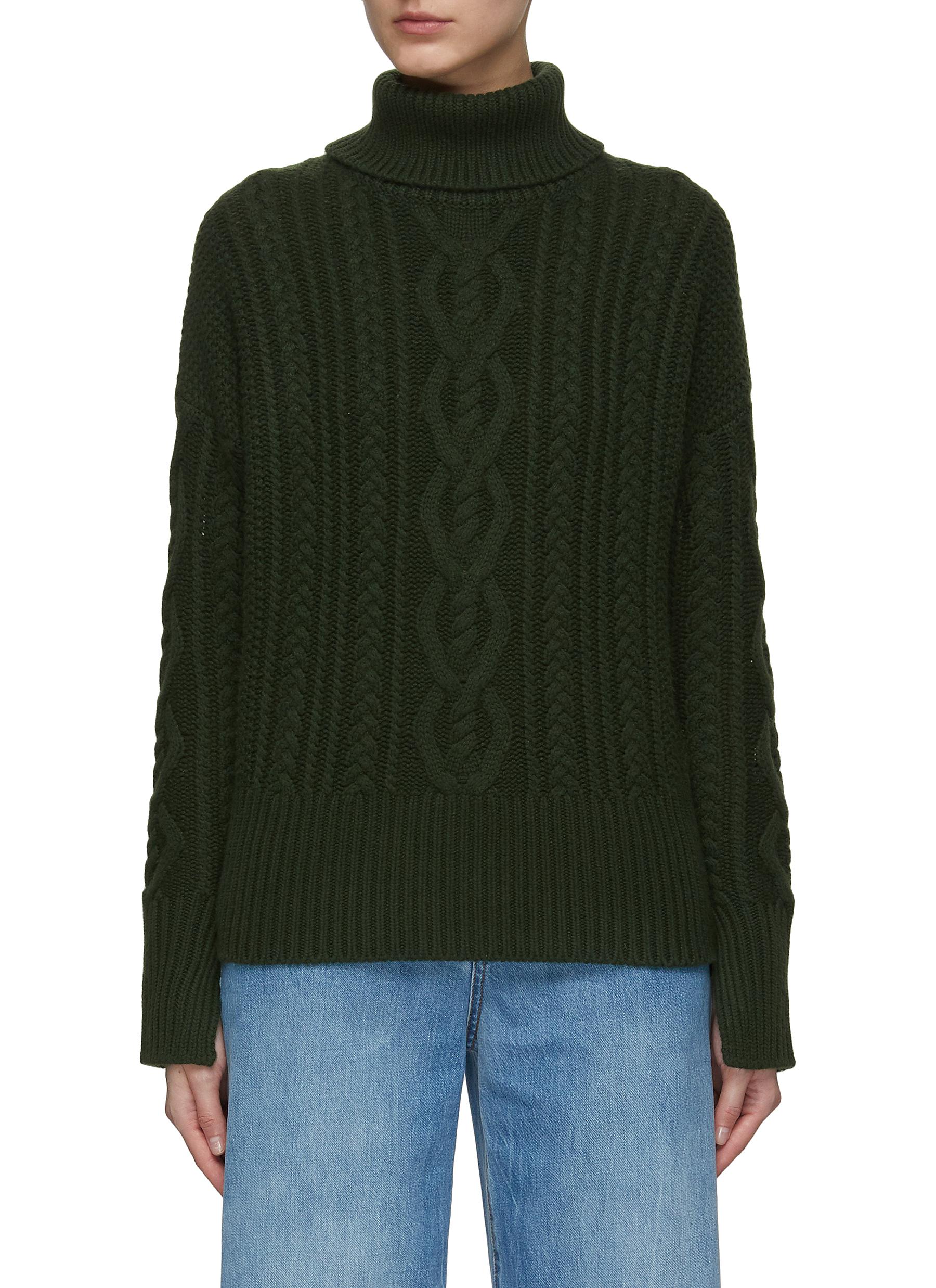 Dreyden Split Neck Multi Textured Cashmere Knit Aran Sweater In Green