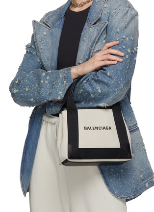 Front View - Click To Enlarge - BALENCIAGA - Logo Print Cotton Canvas Top Handle Bag