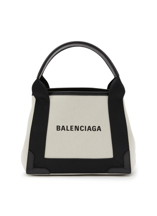 Main View - Click To Enlarge - BALENCIAGA - ‘Navy Cabas XS’ Logo Print Cotton Canvas Top Handle Bag