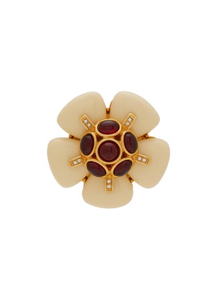 Main View - Click To Enlarge - LANE CRAWFORD VINTAGE ACCESSORIES - JOAN RIVERS GOLD TONED METAL DIAMANTE RED STONE FLOWER BROOCH