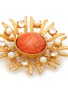 LANE CRAWFORD VINTAGE ACCESSORIES - GOLD TONED METAL FAUX PEARL RED STONE CRYSTAL BROOCH