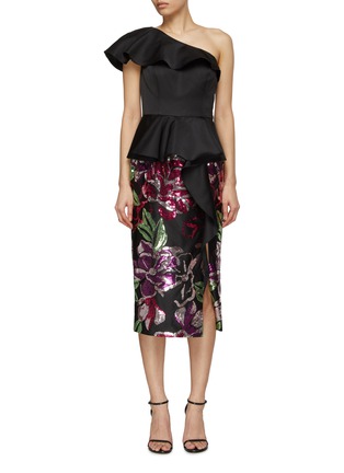 Main View - Click To Enlarge - MARCHESA NOTTE - Sequined Floral Graphic Ruffled One Shoulder Midi Dress