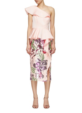 Main View - Click To Enlarge - MARCHESA NOTTE - Sequined Floral Graphic Ruffled One Shoulder Midi Dress