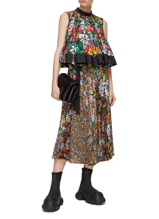 Figure View - Click To Enlarge - SACAI - Pleated Floral Print Elastic Waist Midi Skirt