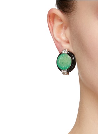 Figure View - Click To Enlarge - KENNETH JAY LANE - Silver Toned Metal Jade Crystal Clip Earrings