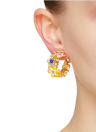 Figure View - Click To Enlarge - KENNETH JAY LANE - Gold Toned Metal Crystal Flower Motif Clip On Hoop Earrings