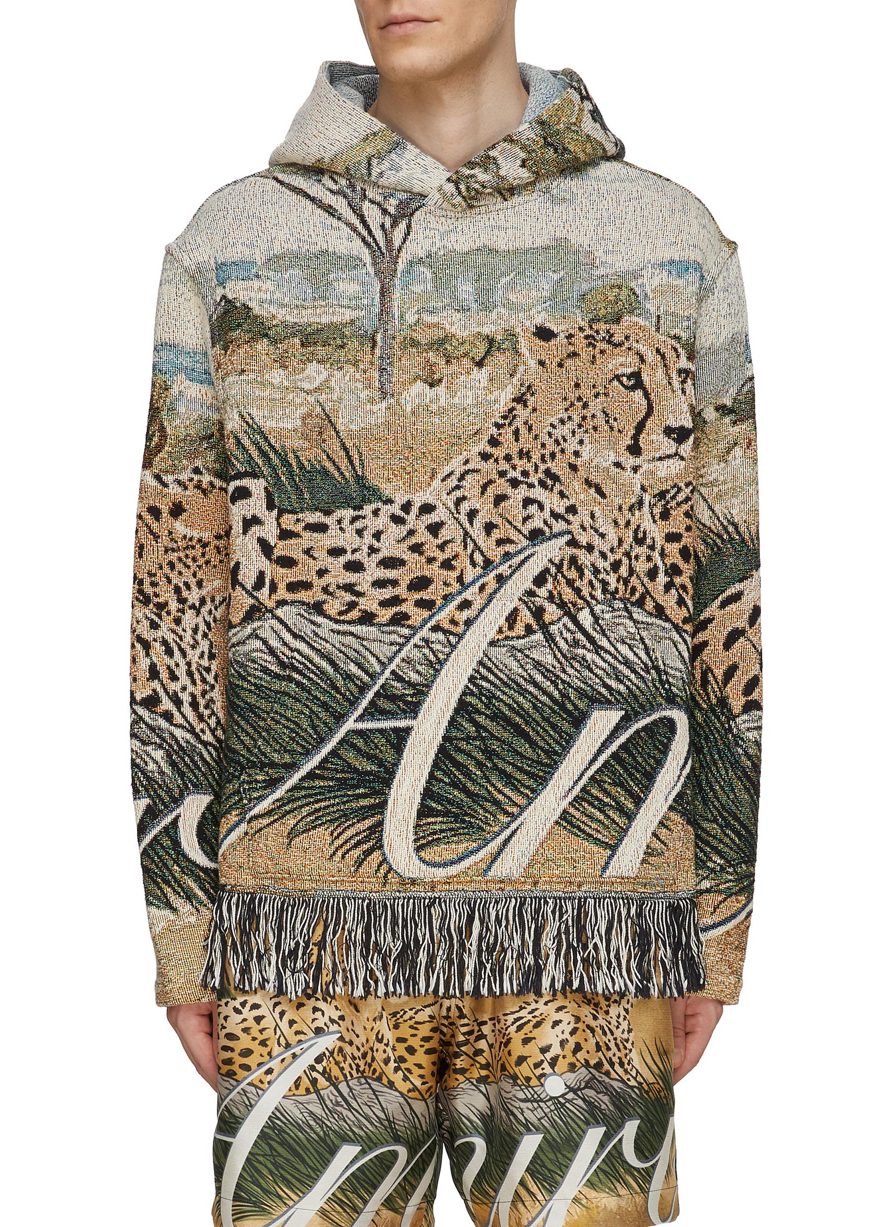 Cheetah Tapestry Fringed Hem Hoodie