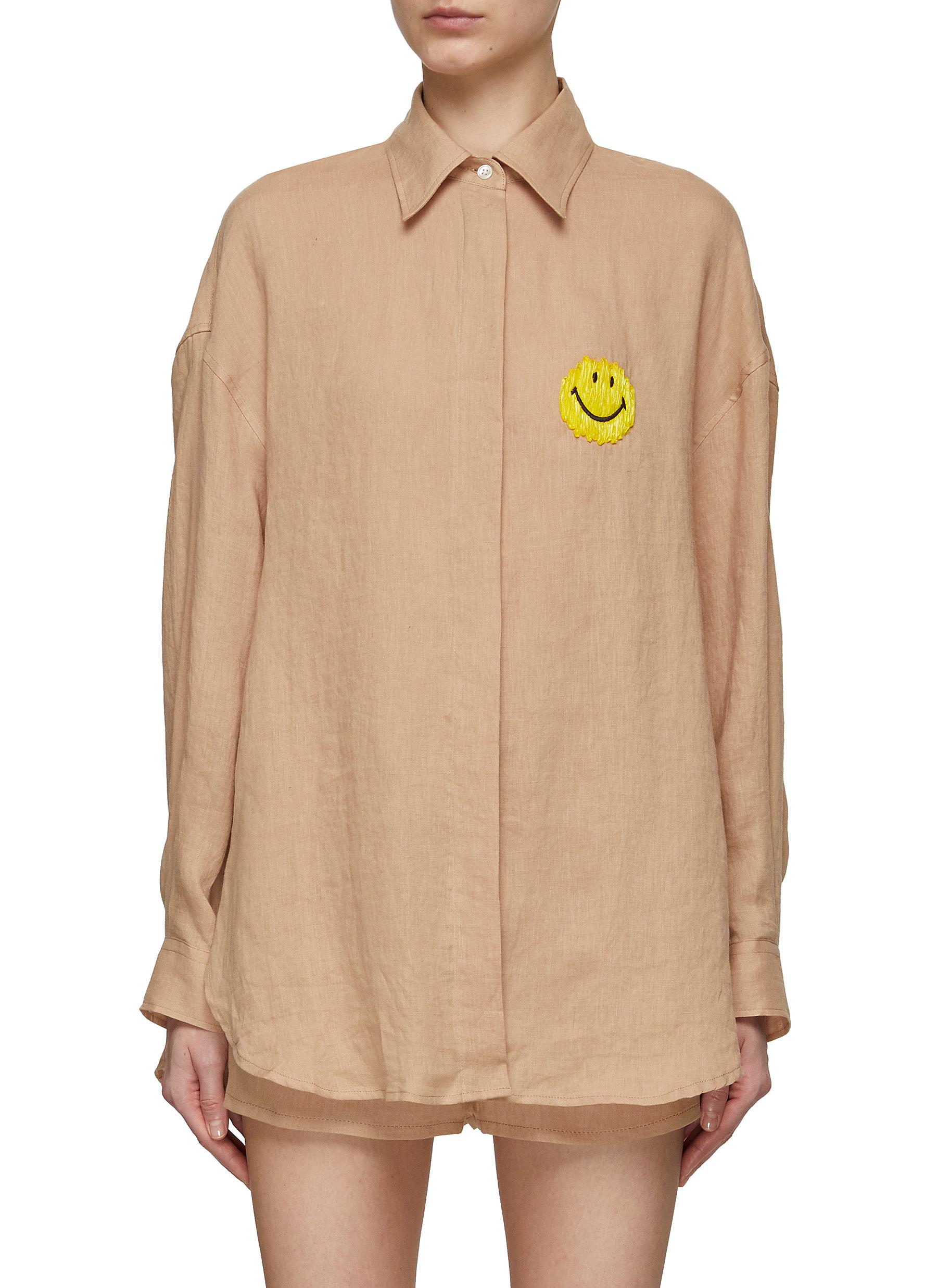 JOSHUA'S Smiley Face Appliqué Linen Button Up Shirt