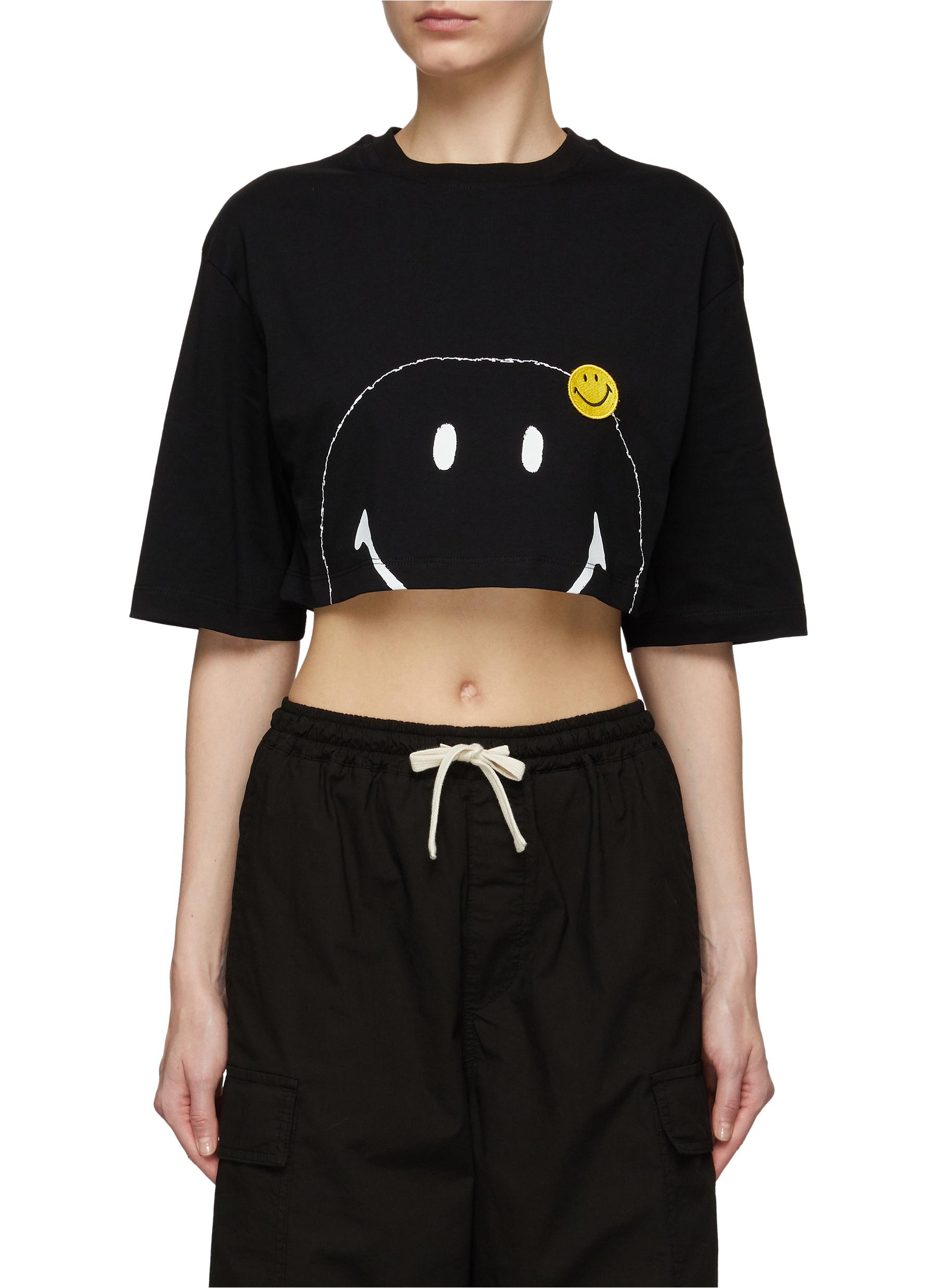 JOSHUA'S Smily Face Motif Crewneck Cropped Cotton T-Shirt