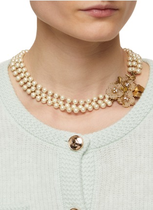 Figure View - Click To Enlarge - MONSHIRO - ‘Cotton Pearl Sakura’ Gold Plated Metal Glass Bead Triple Row Necklace