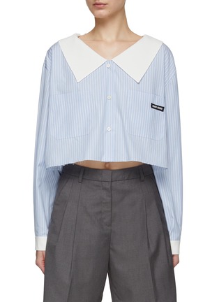 Main View - Click To Enlarge - MIU MIU - Logo Patch Sailor Collar Striped Raw Hem Chambray Shirt