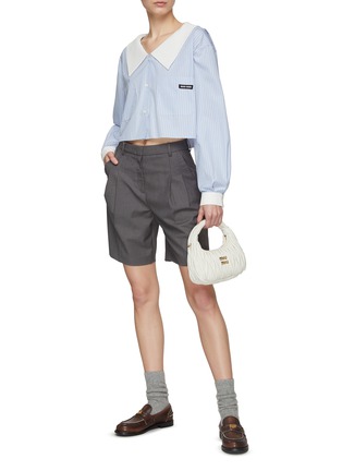 Figure View - Click To Enlarge - MIU MIU - Logo Patch Sailor Collar Striped Raw Hem Chambray Shirt