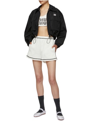 Figure View - Click To Enlarge - MIU MIU - Logo Patch Elasticated Waistband Cotton Shorts