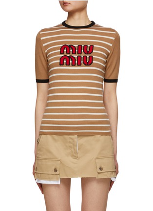 Main View - Click To Enlarge - MIU MIU - Logo Stripe Short Sleeve Knit Top